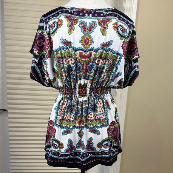 Claudia Richard Tunic Size M Multicolor Paisley Blouse Doman Kaftan Tie Front - Picture 2 of 9